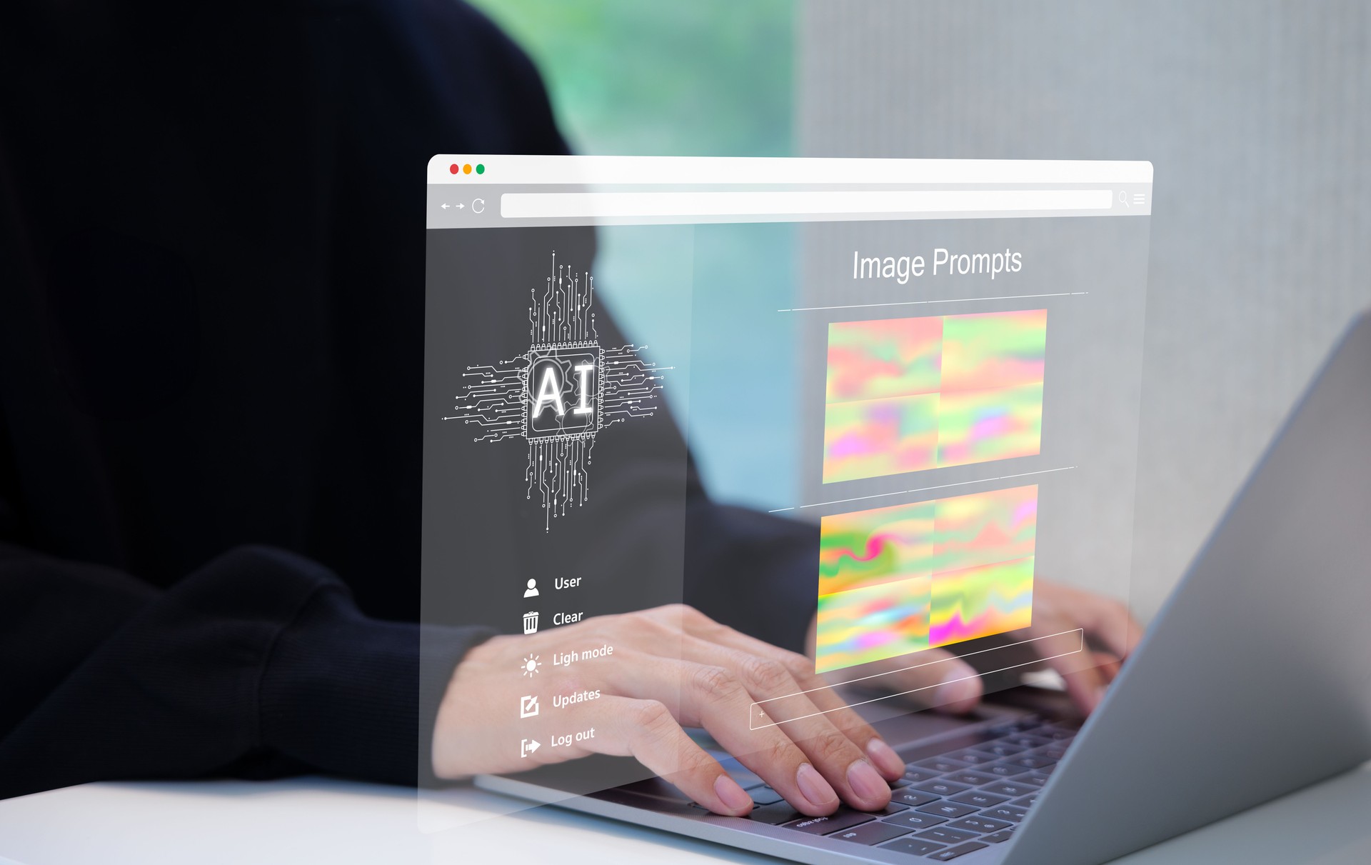 AI prompt image generator technology. Use AI software on laptop to generate images, futuristic user interface. screen with visual prompts. creation photo by artificial intelligence. graphics design
